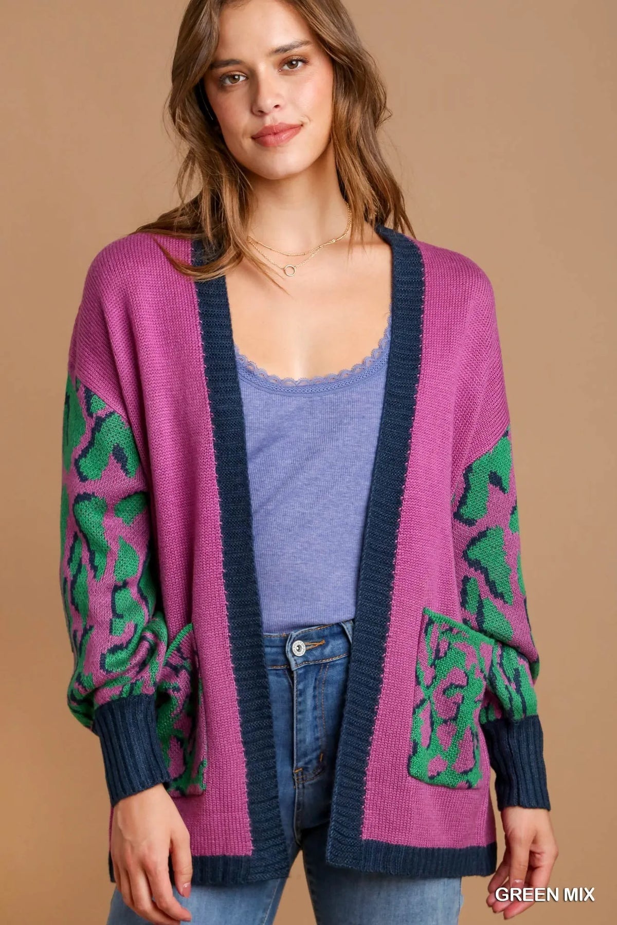 Animal Print Sweater Cardigan – Trendy Open-Front Layering Piece
