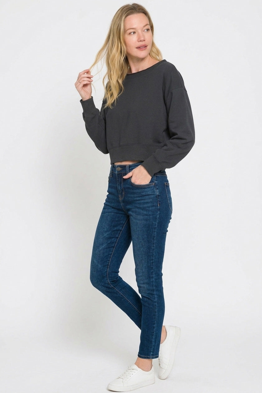 Black cropped boat-neck fleece sweatshirt, relaxed fit, long sleeves