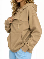 Tan cat pouch drawstring hoodie with drawstring hood and kangaroo pocket seams