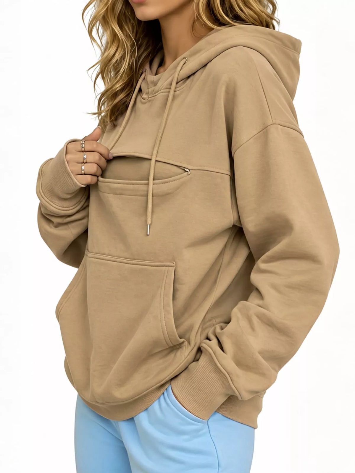 Tan cat pouch drawstring hoodie with drawstring hood and kangaroo pocket seams