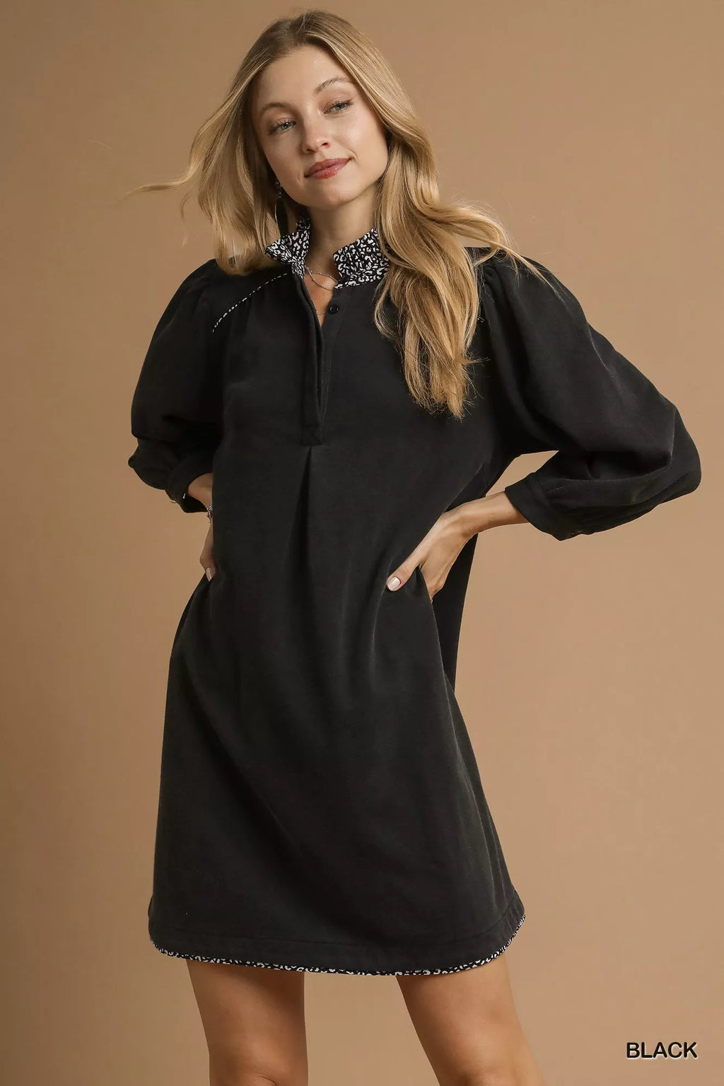 French Terry Balloon Sleeve Shift Dress with Leopard Print