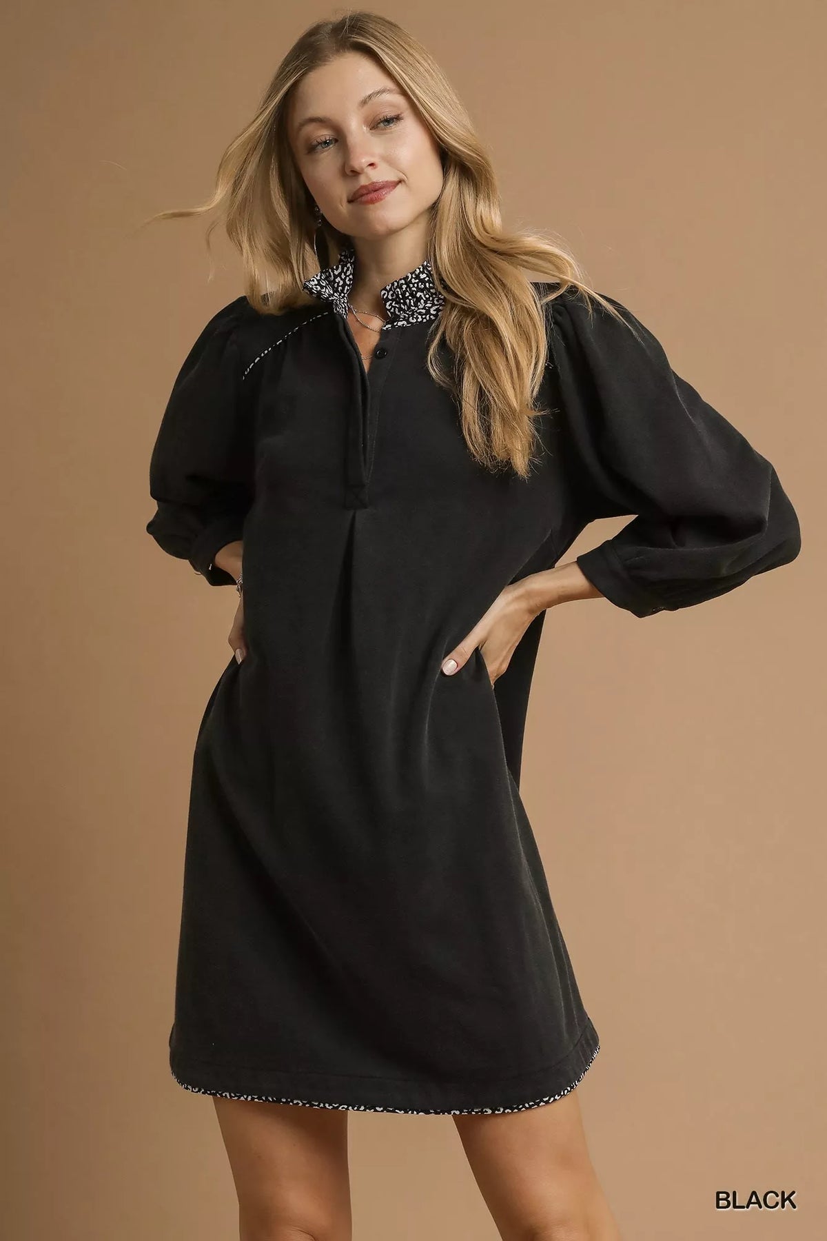 French Terry Balloon Sleeve Shift Dress with Leopard Print