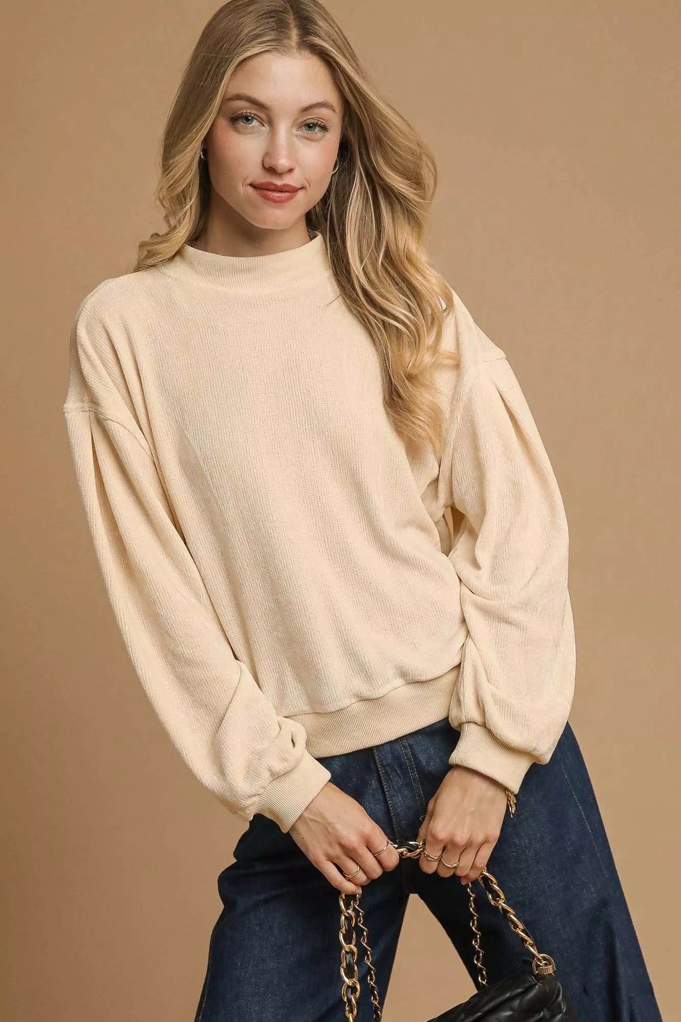 Velour Crewneck Balloon Sleeve Sweatshirt