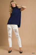 High-Low Turtleneck Sleeveless Sweater Top