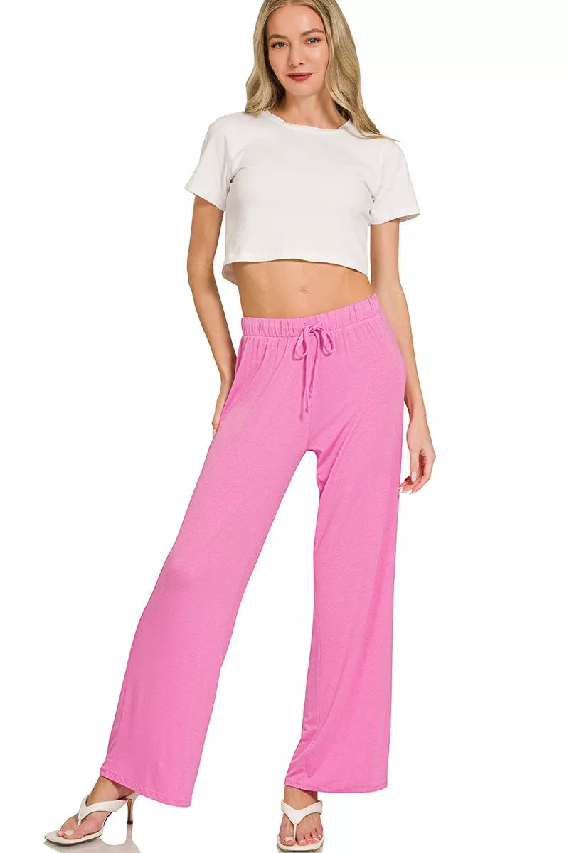 Candy pink wide-leg lounge pants with drawstring waist