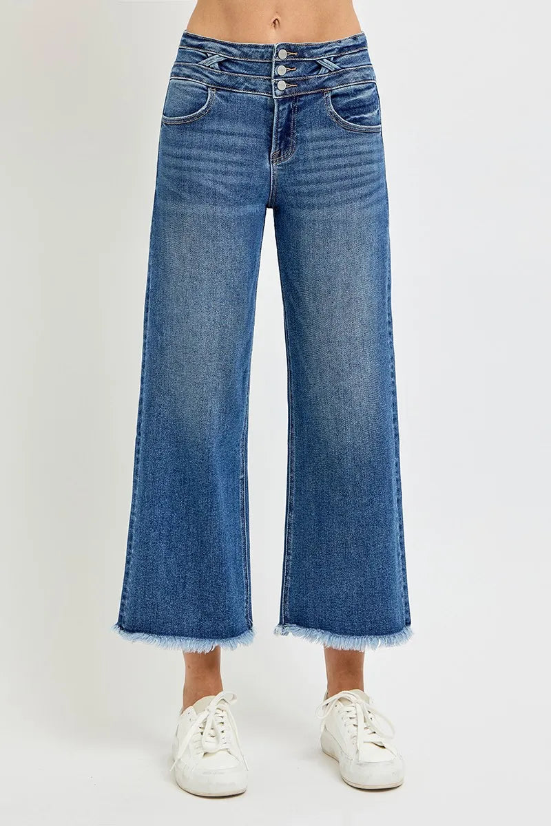 Dreamkue-Risen Women's High Rise Crop Wide Leg Jeans with Wide Waistband Detail Stretch Denim