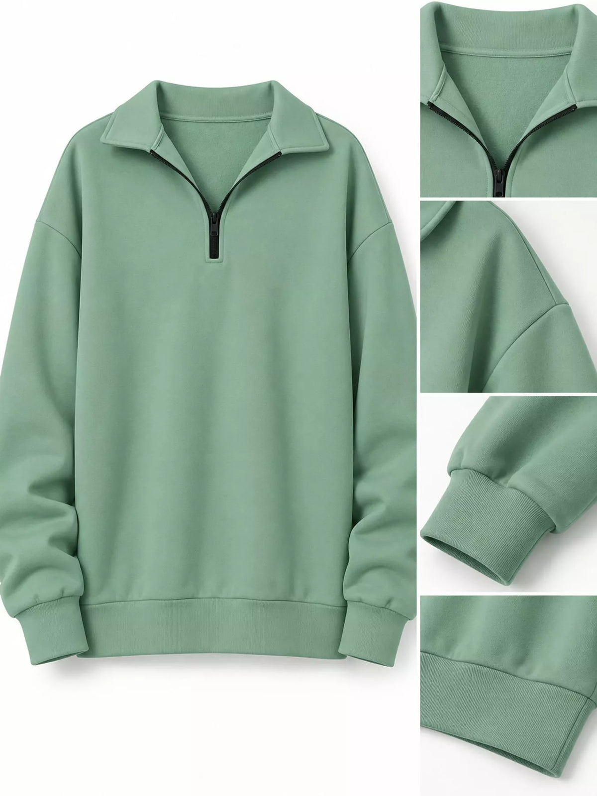 Light green zip-neck sweatshirt detail view of half-zip and ribbed cuffs