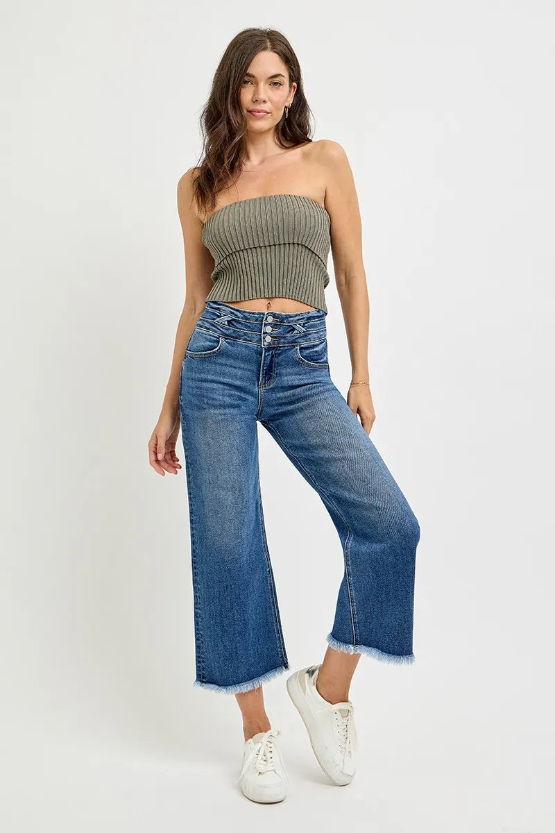 High-rise crop wide-leg jeans in dark wash denim with five-pocket styling