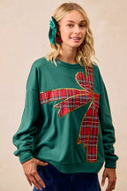 BiBi Plaid Ribbon Bow Christmas Fleece Pullover – Festive Cozy Holiday Top