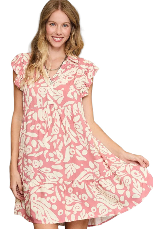 Umgee Two Tone Printed Ruffled Cap Sleeve Mini Dress