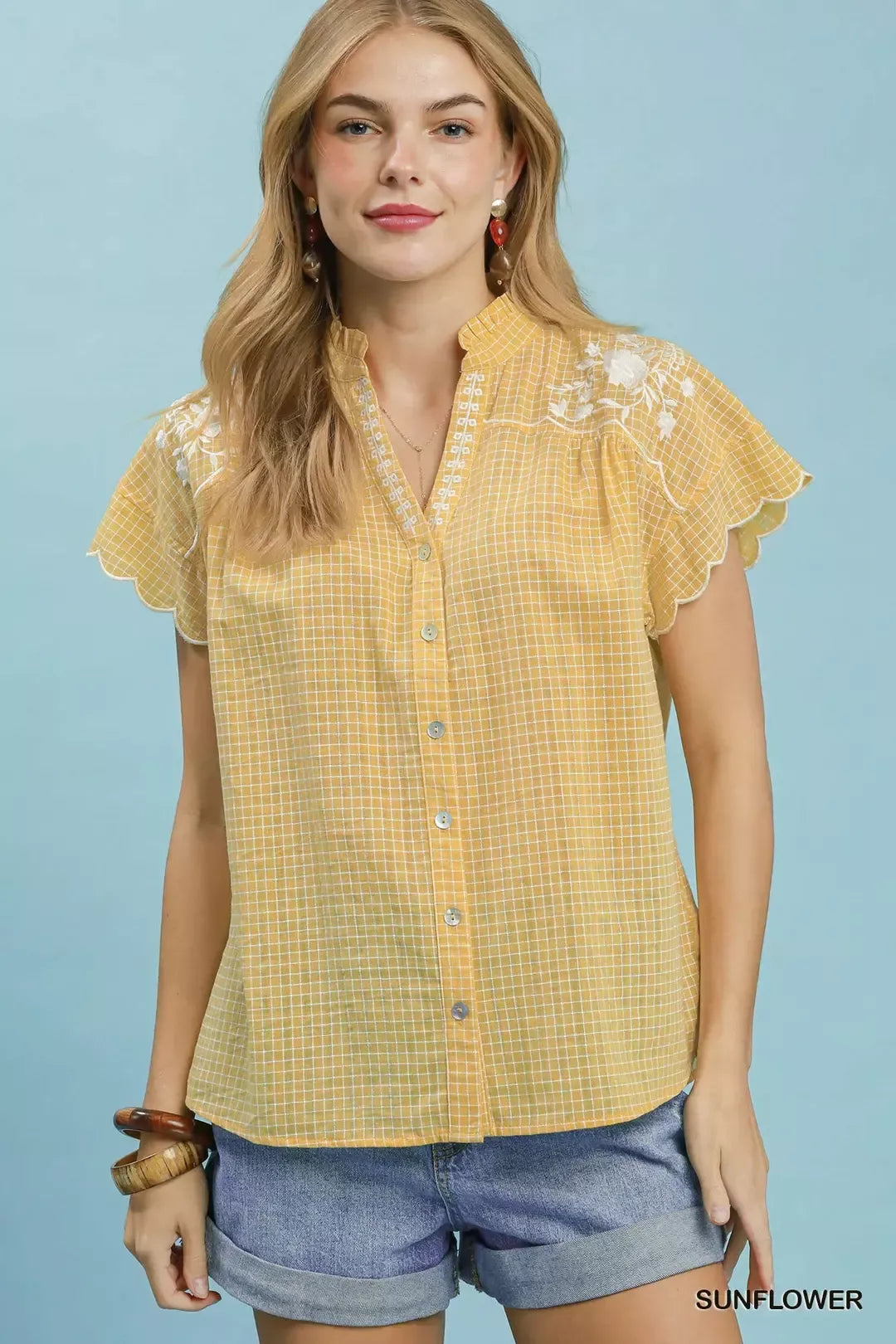 Sunflower embroidered plaid blouse with scallop cap sleeves and button front