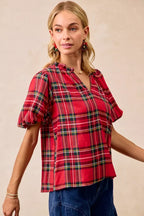 BiBi Christmas Plaid Ruffled Blouse – Festive Short Sleeve Holiday Top