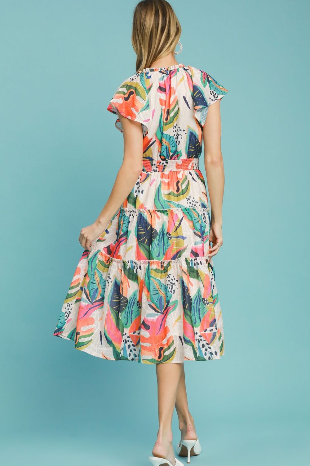 Umgee Leaf Print Cap Sleeve Tiered Midi Dress