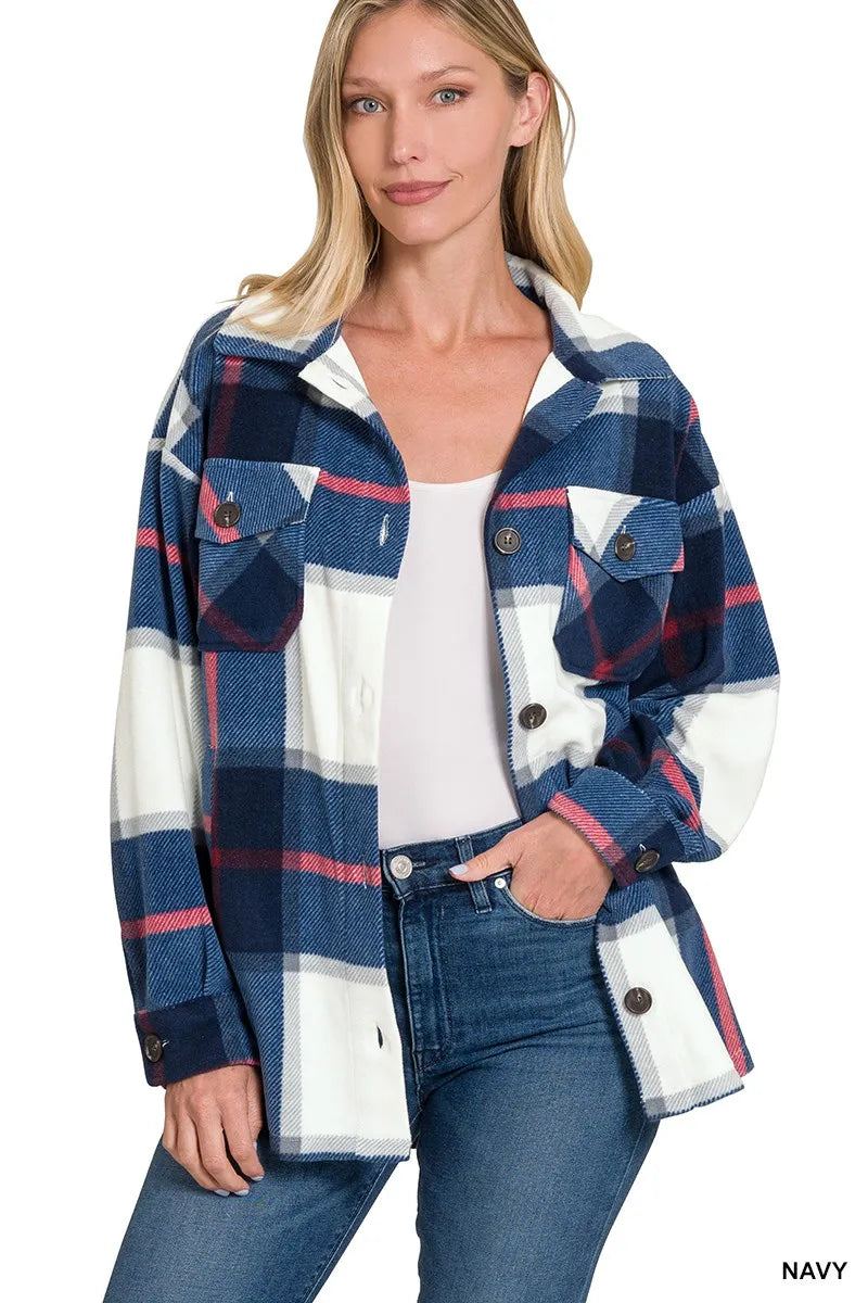 Plaid Flannel Jacket for Women | Classic Button-Up Brushed Overshirt