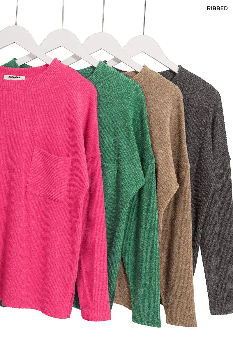Zenana Ribbed Brushed Melange Hacci Sweater with Pocket – Cozy & Stylish Knit