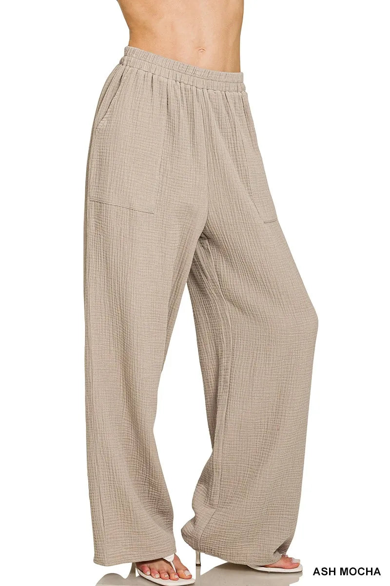 Zenana Double Gauze Elastic Waist Pants – Lightweight & Relaxed Fit