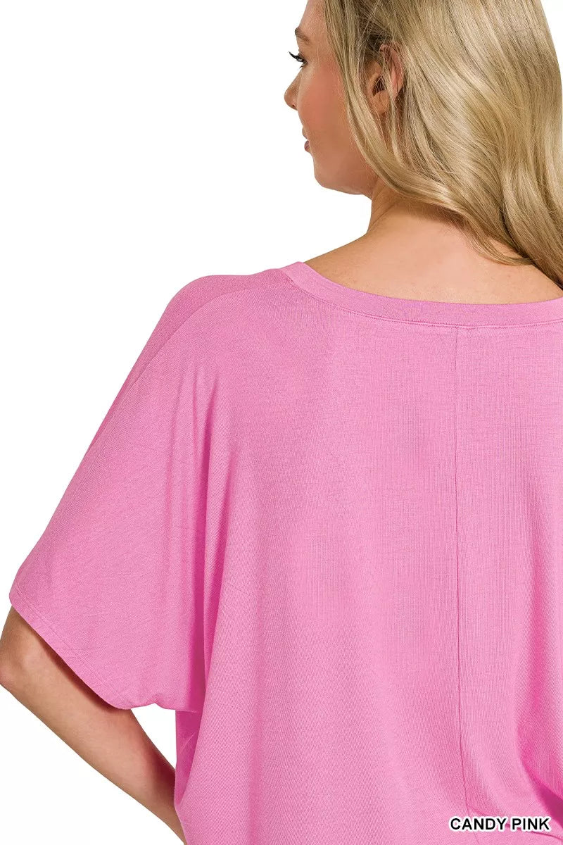 Pink loungewear set top with loose oversized fit and wide short sleeves