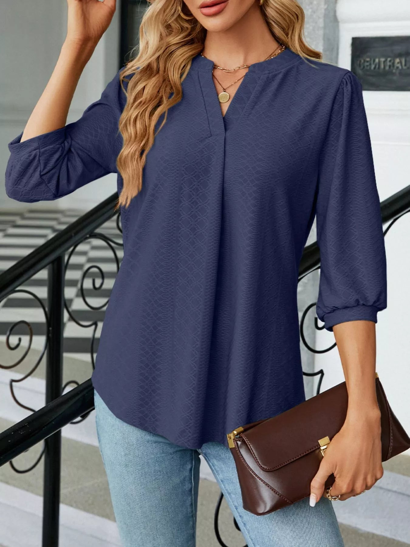 Notched 3/4 Sleeve Casual Top – Effortless Everyday Style
