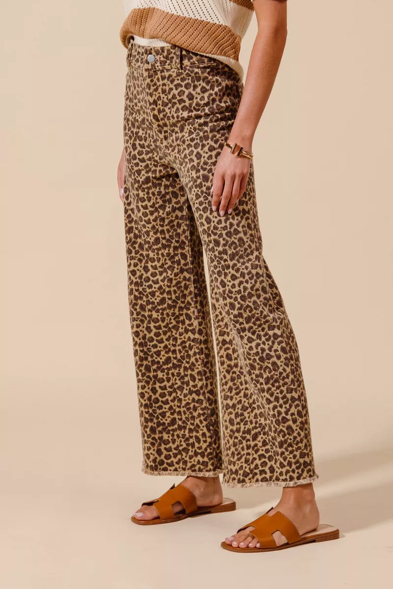 SO ME Leopard Twill Wide Leg Pants – Mid Rise with Frayed Hem Detail