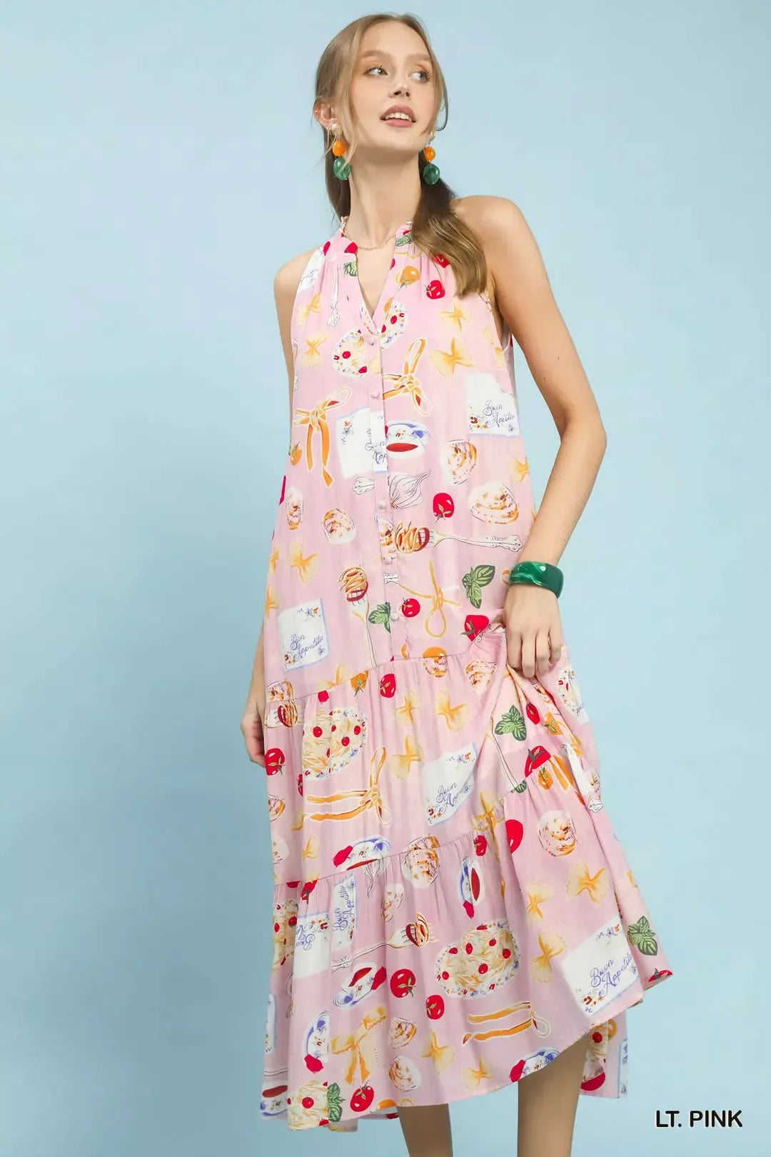 Light pink halter tiered midi dress with colorful abstract fruit print, sleeveless