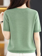 Back view of a sea-green round-neck short-sleeve sweater