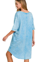 Acid Wash Oversized T-Shirt Dress with Pockets & V-Neck