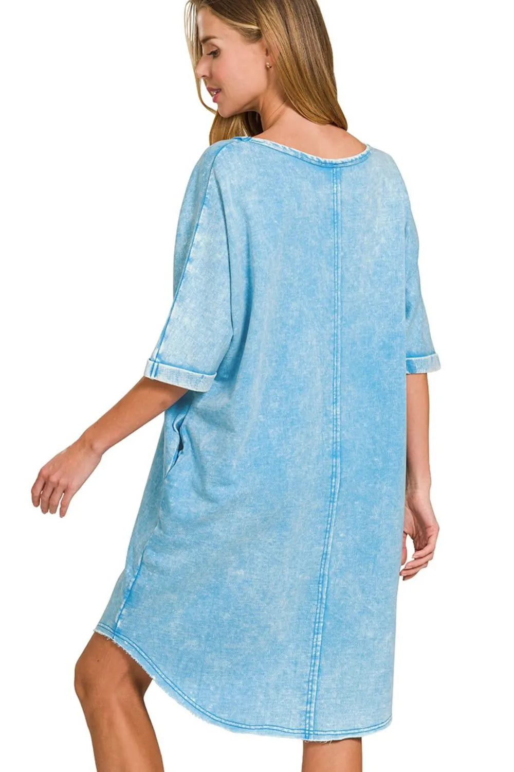 Acid Wash Oversized T-Shirt Dress with Pockets & V-Neck