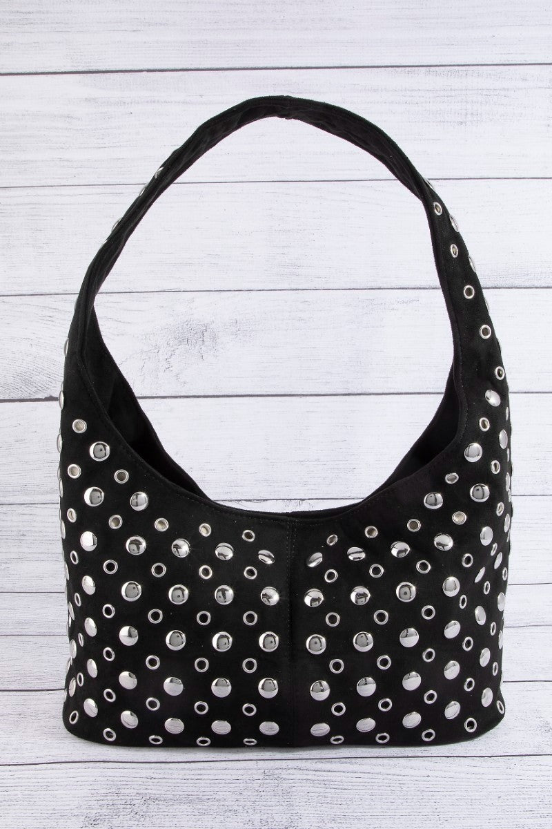 Black studded shoulder bag with top handles and silver grommet accents