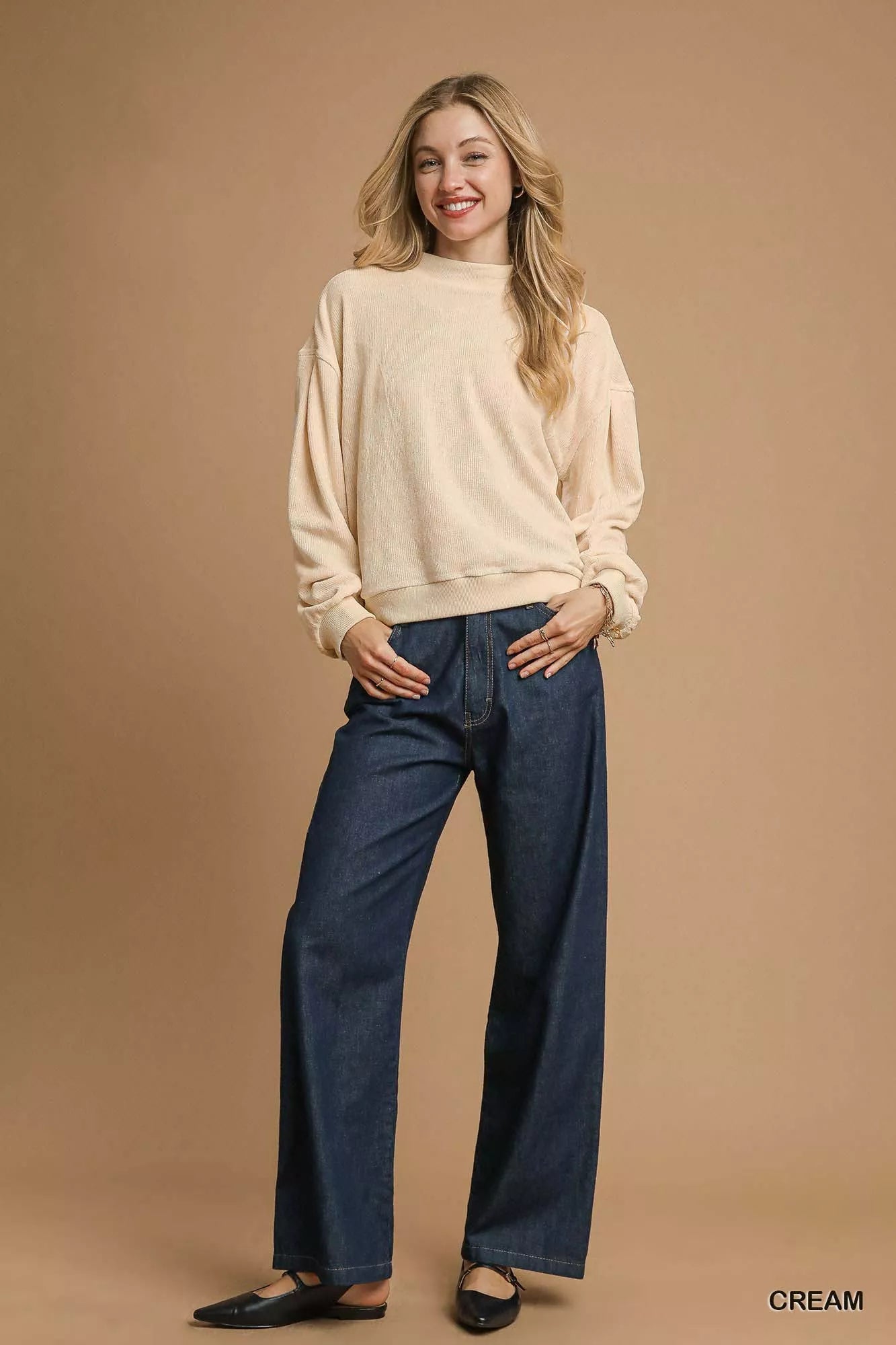 Velour Crewneck Balloon Sleeve Sweatshirt