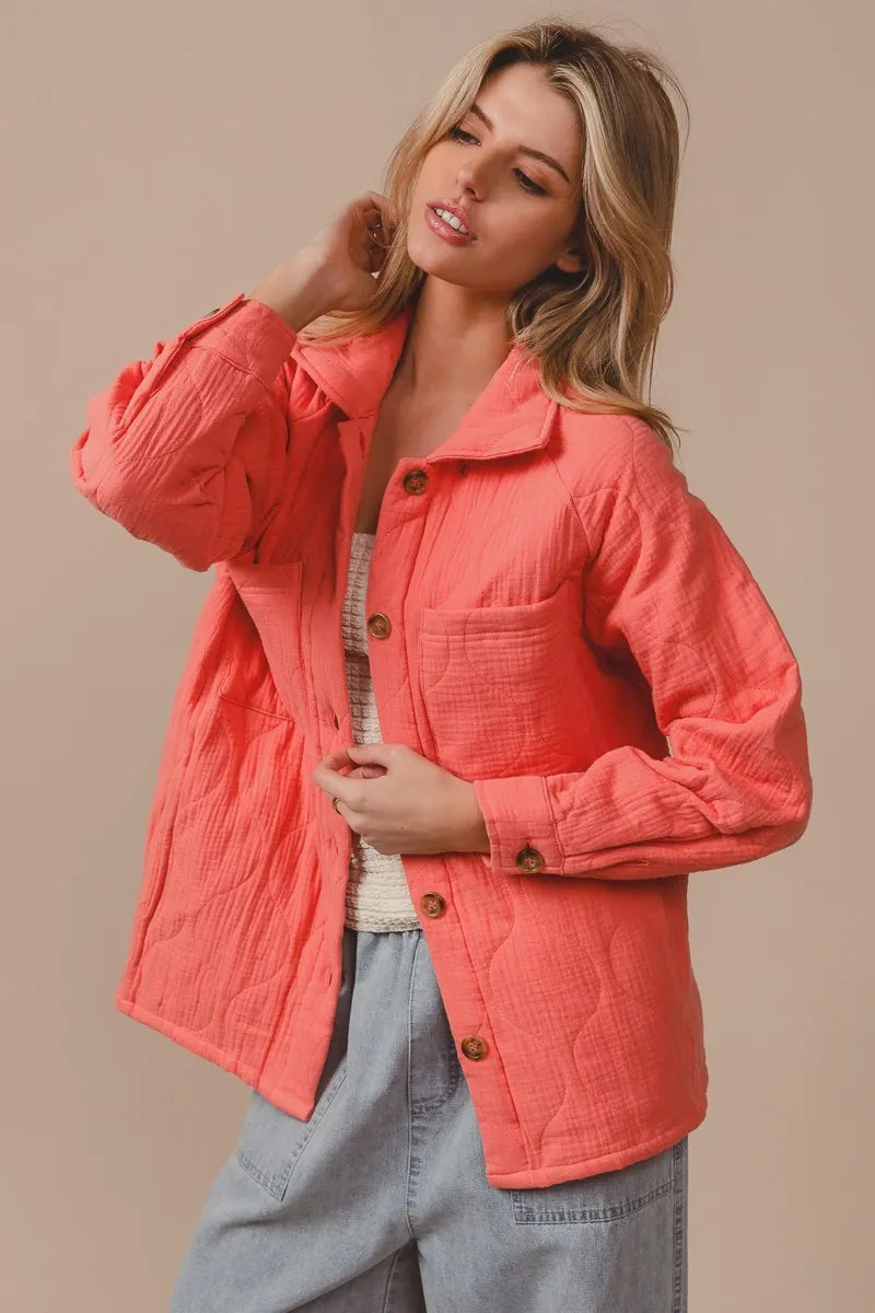 Quilted Wrinkle Gauze Long Sleeve Shacket – Lightweight Layering Top