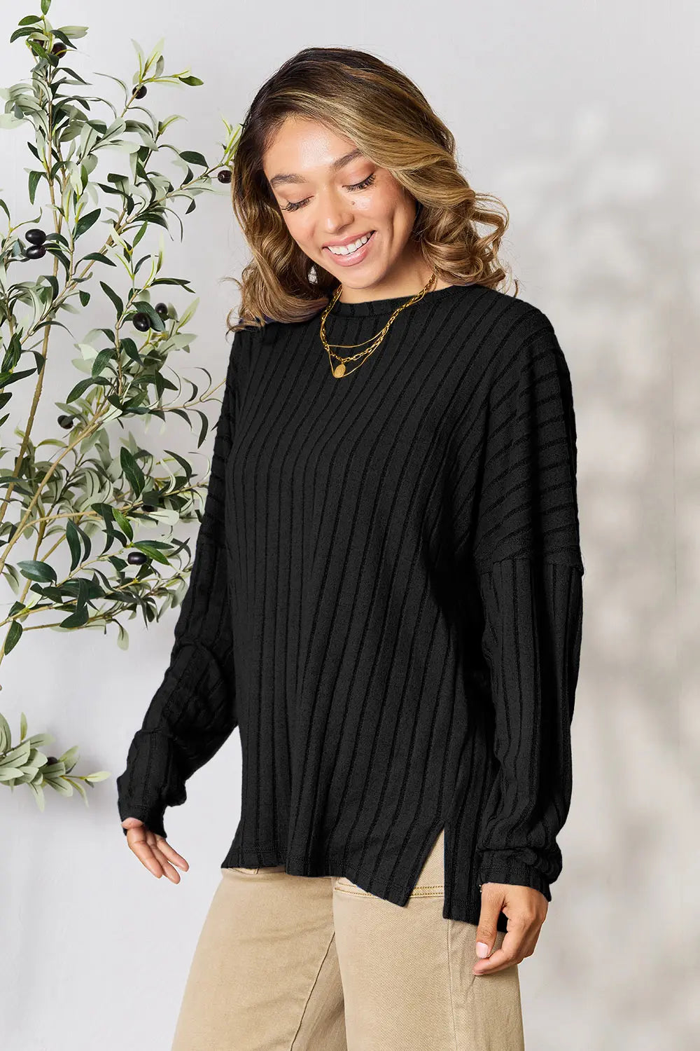 Ribbed Round Neck Slit Knit Top – Chic, Cozy & Versatile
