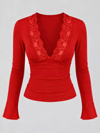 Red lace-trim V-neck long sleeve tee with lace panel, flared sleeves