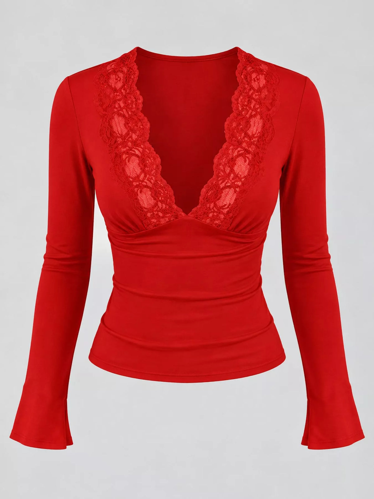Red lace-trim V-neck long sleeve tee with lace panel, flared sleeves