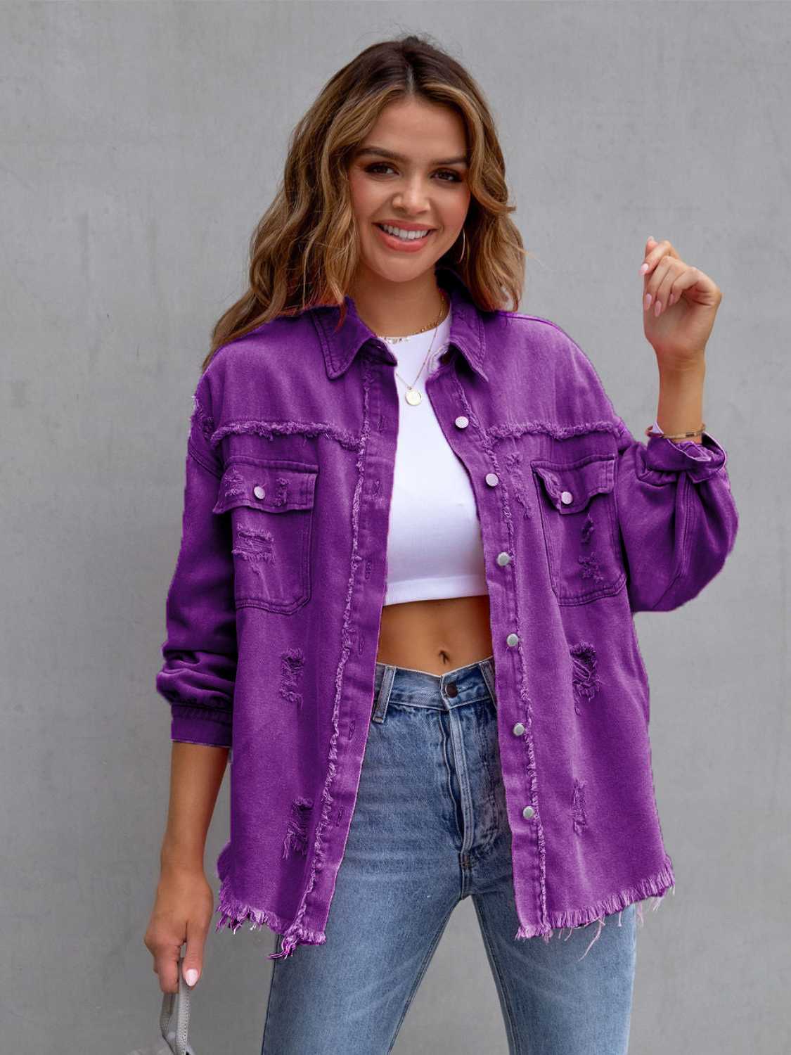 Distressed Drop Shoulder Denim Jacket – Casual Oversized Style