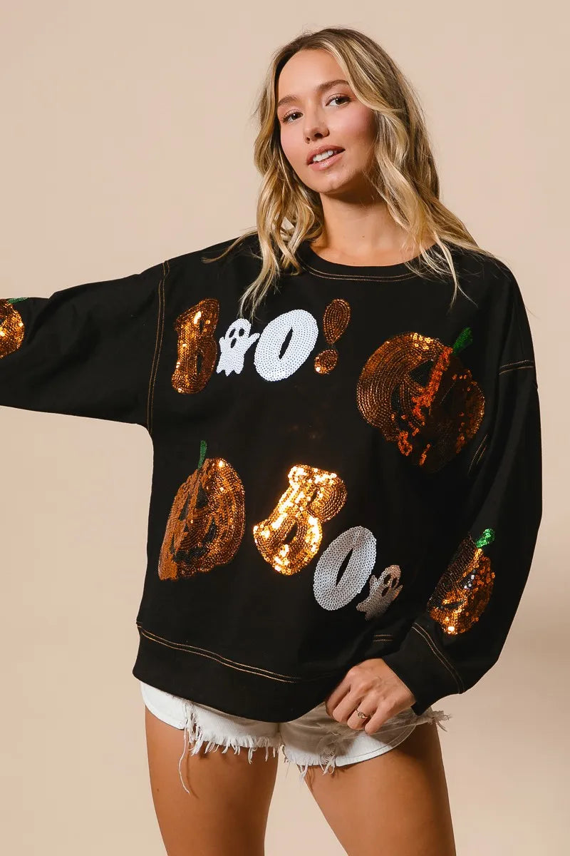 Halloween Sequin Pumpkin & Ghost Sweatshirt – Oversized Black Pullover