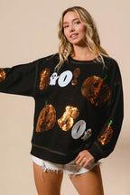 Halloween Sequin Pumpkin & Ghost Sweatshirt – Oversized Black Pullover