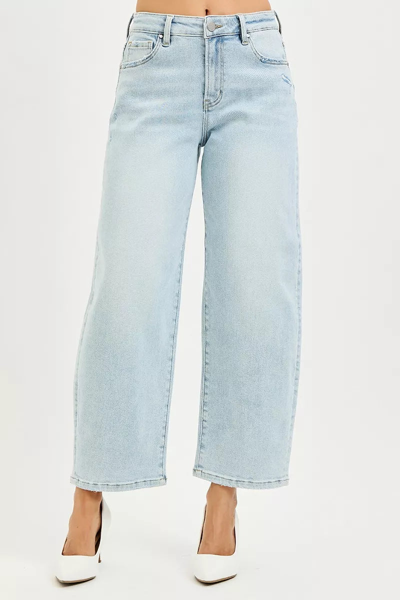 Light wash high-rise crop barrel jeans with relaxed straight wide-leg fit, front view