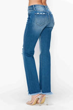 Raw Hem Mid Rise Straight Jeans – Distressed, Flattering & Timeless