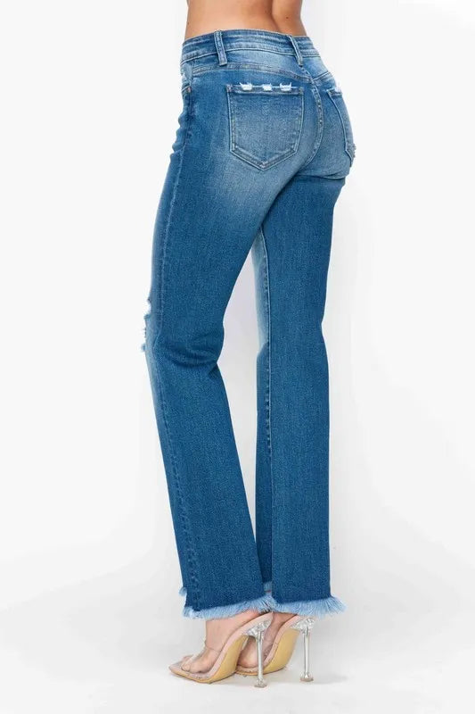 Raw Hem Mid Rise Straight Jeans – Distressed, Flattering & Timeless