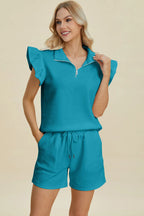 Textured Flounce Sleeve Top & Shorts Set – Stylish & Comfy 2-Piece