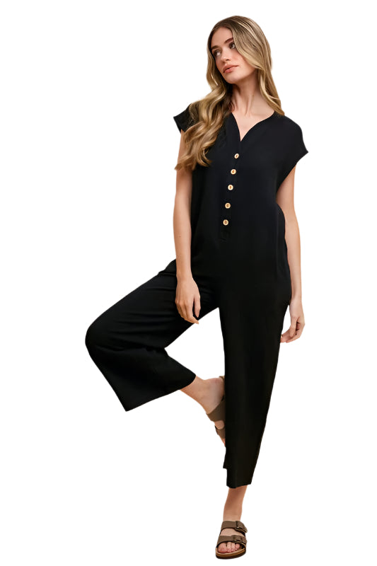 Annie Wear Button Detail Wide Leg Jumpsuit with Pockets