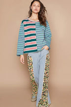Color Block Striped Round Neck Long Sleeve T-Shirt – Casual Chic