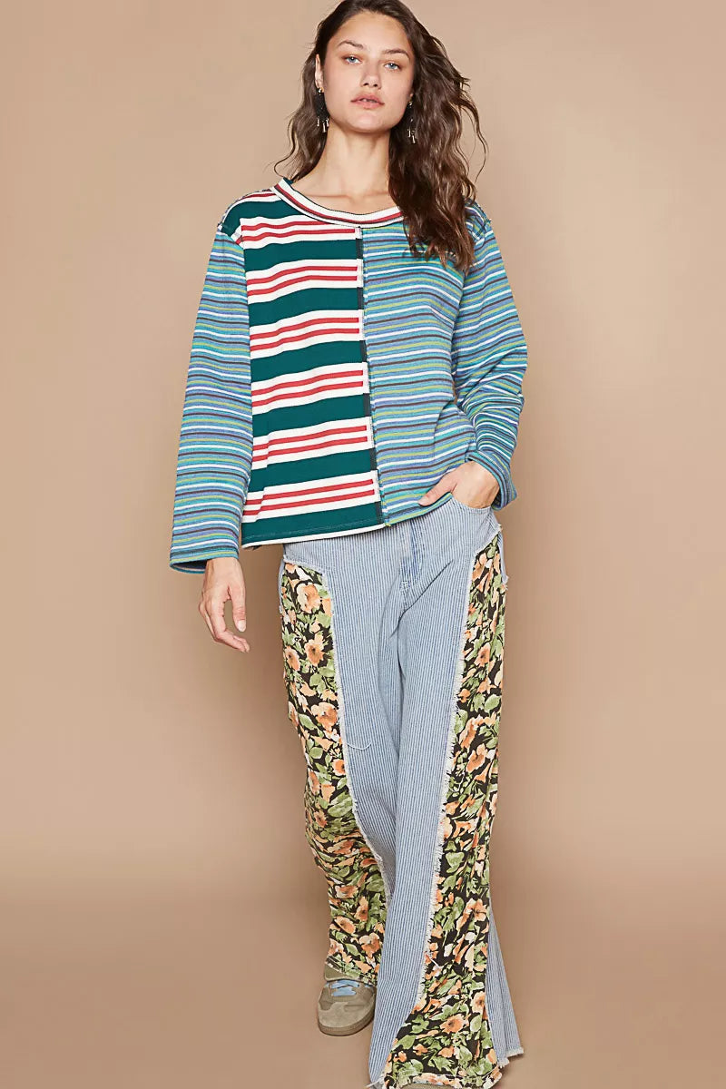 Color Block Striped Round Neck Long Sleeve T-Shirt – Casual Chic