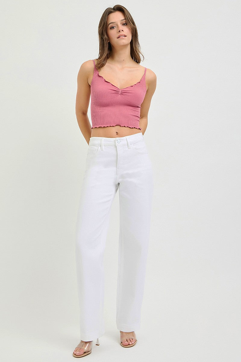 Women's high-rise wide-leg baggy jeans in white denim, on-model front view