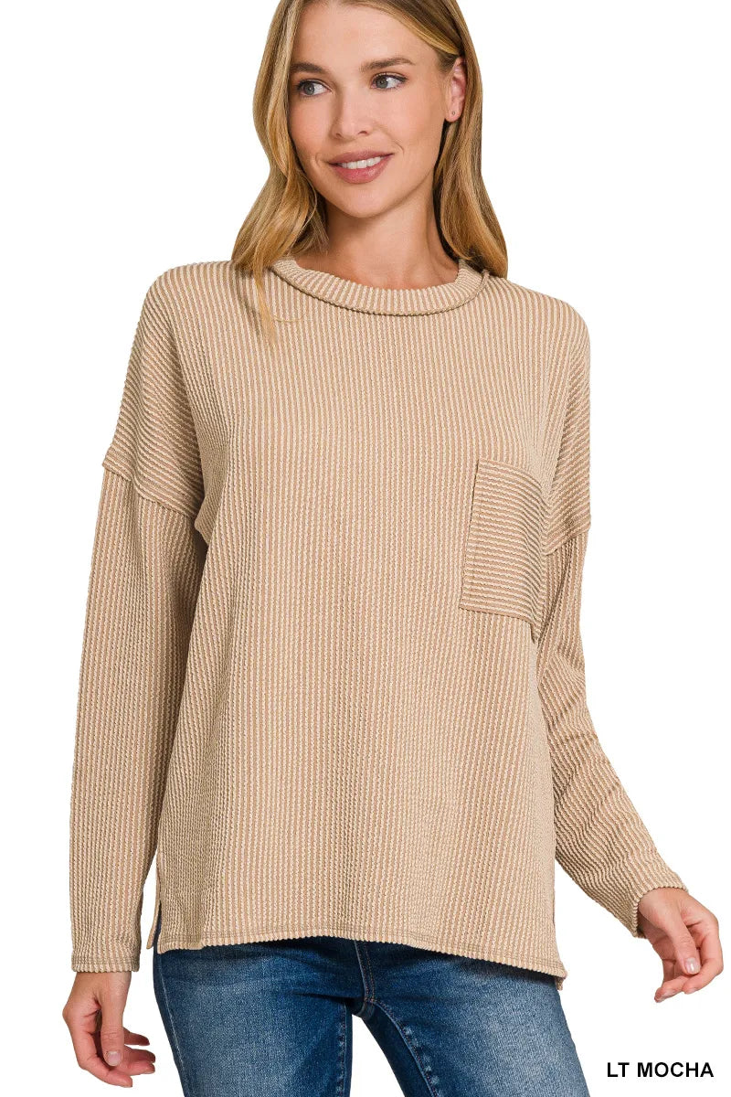 Long Sleeve Drop Shoulder Rib Top – Casual Chic Layering Shirt