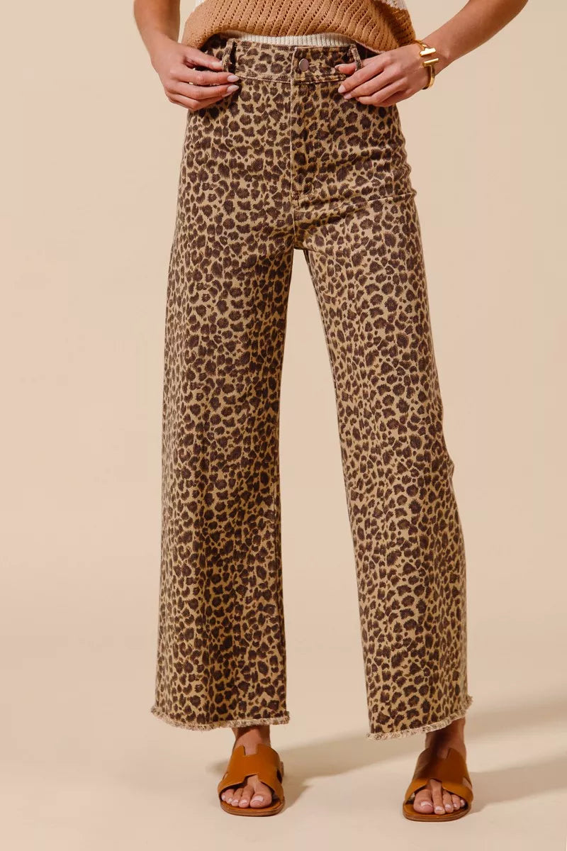 SO ME Leopard Twill Wide Leg Pants – Mid Rise with Frayed Hem Detail