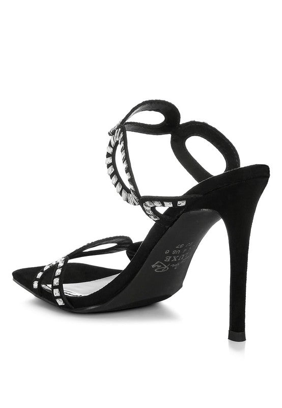 Black stiletto sandals with rhinestone cut-out straps and open toe, slip-on.