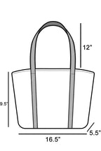 Black outline size diagram for tote: 16.5 in wide, 12 in tall, 5.5 in deep
