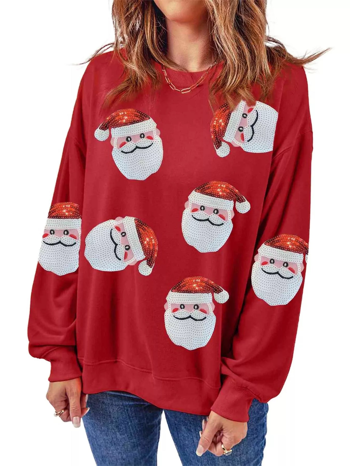 Oversized red sweatshirt with Santa face graphic print and ribbed cuffs