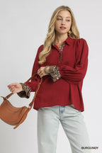 Half Button Blouse with Leopard Print Trim – Trendy Chic Top